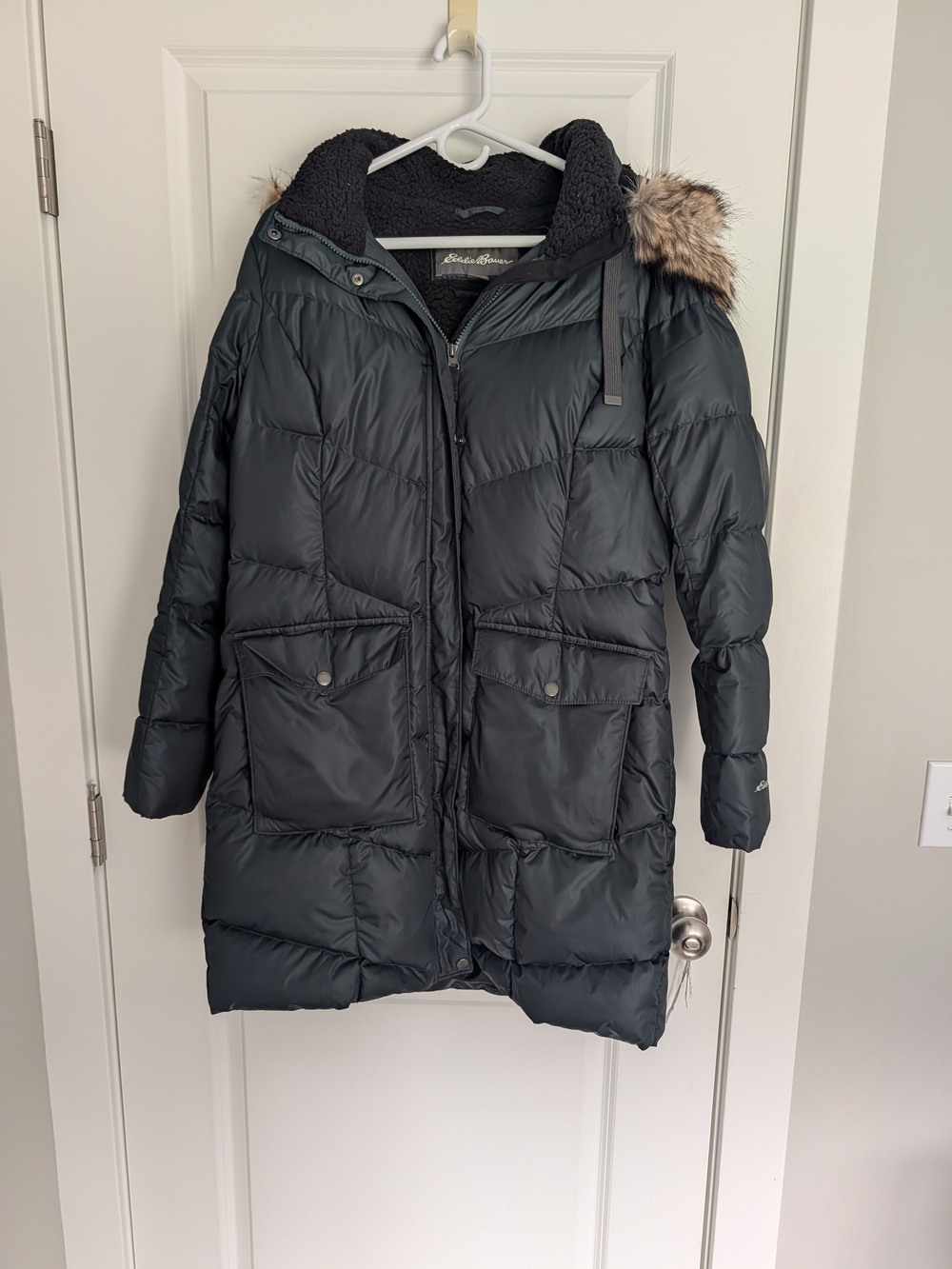 Eddie Bauer Women's Navy Quilted Down Parka with Faux Fur Hood